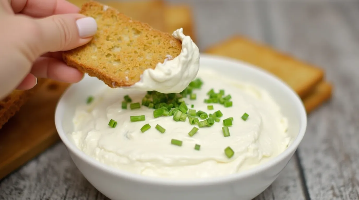 Delicious Cream Cheese Bagel Dip served with bagel chips and fresh vegetables